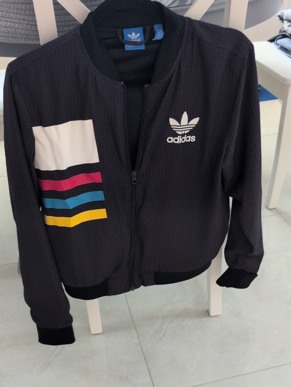 adidas Women's Black Bomber Jacket with White, Red, Blue & Yellow Stripes